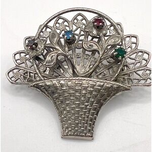 Vintage Flower Basket‎ Brooch Silver Tone Multicolor Rhinestones 1.75" Valentine